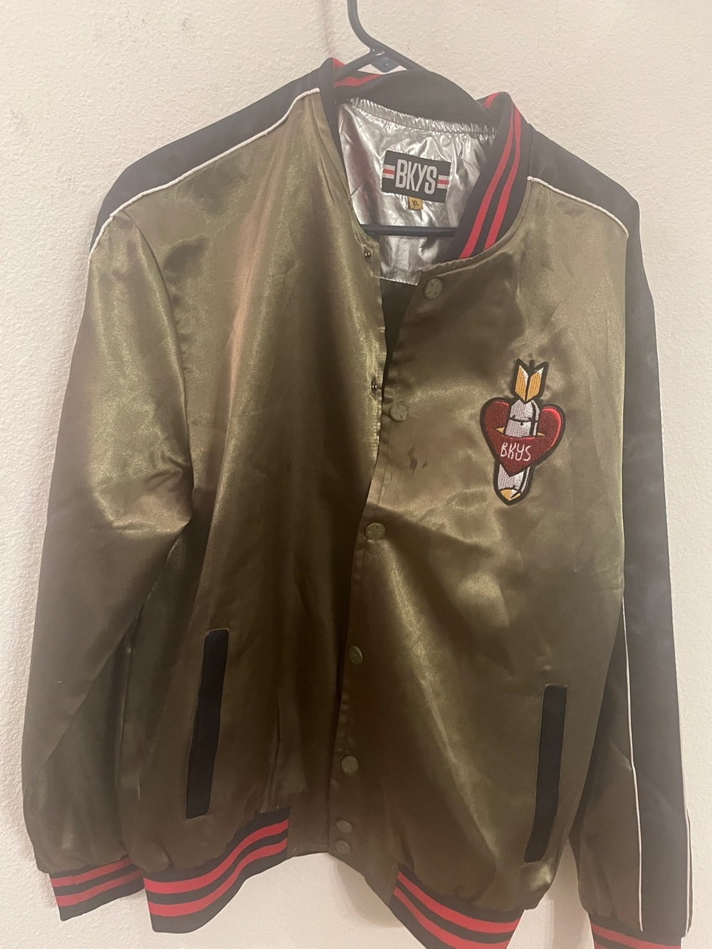 BKYS La Bomba Satin Varsity Jacket XL Olive Green Embroidered Bomber Jacket